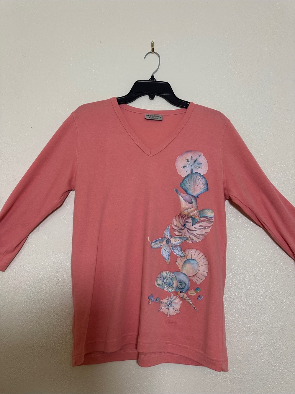 Petite Sophisticate Coral V-Neck Shell Motif Long-Sleeve Top